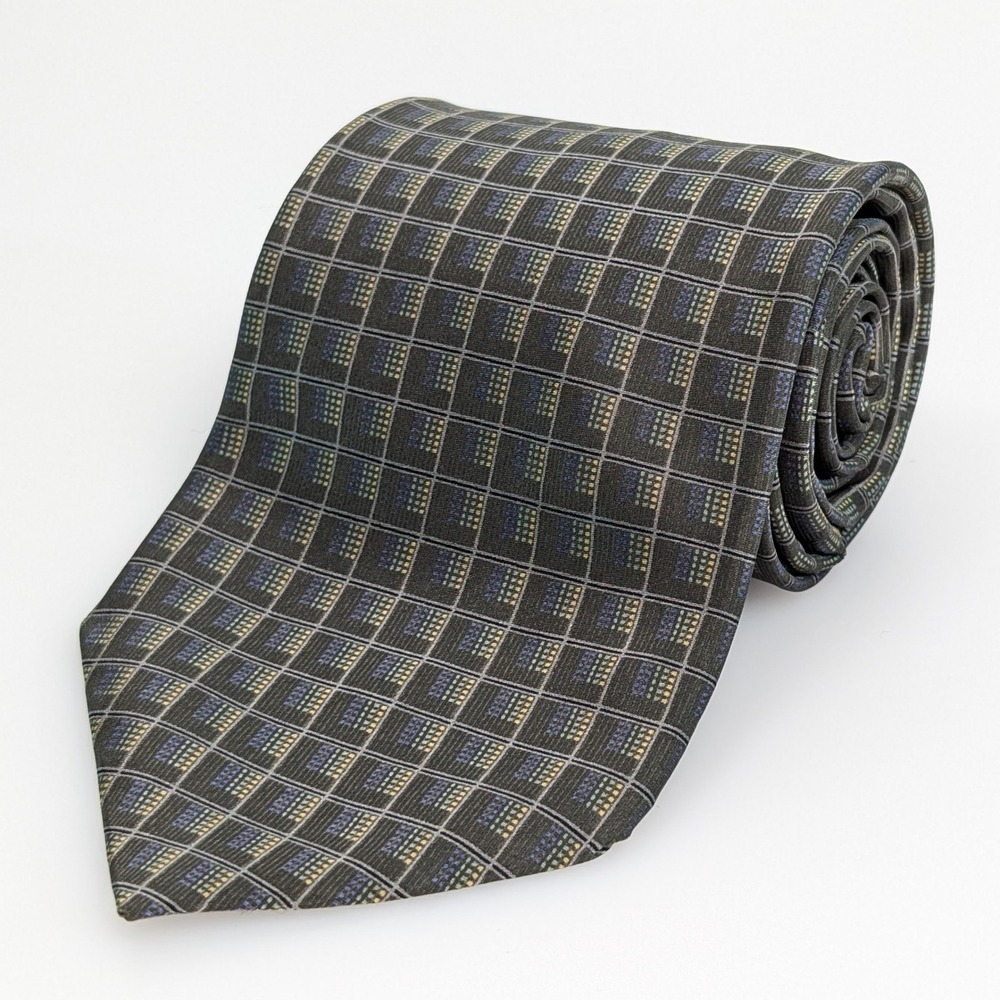 DKNY Geometric Grid Pattern 100% Silk Wide‎ Neck Tie 3.75 x 58 Grey Blue Retro